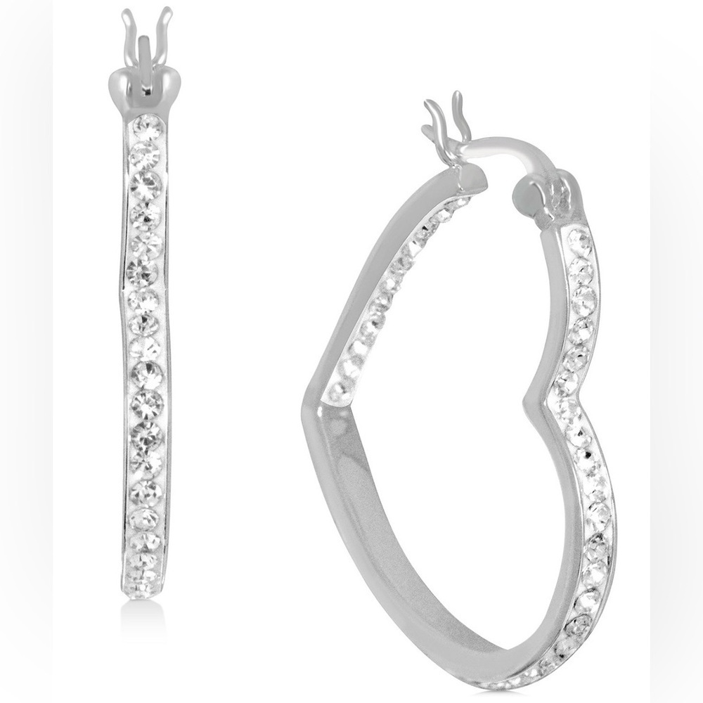 Crystal Heart Hoop Earrings in Silver-Plate